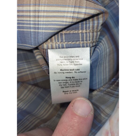 Poncho Mens Western Plaid Pearl Snap Shirt XL Slim Fit Brown/Blue Long Sleeve - Picture 6 of 7